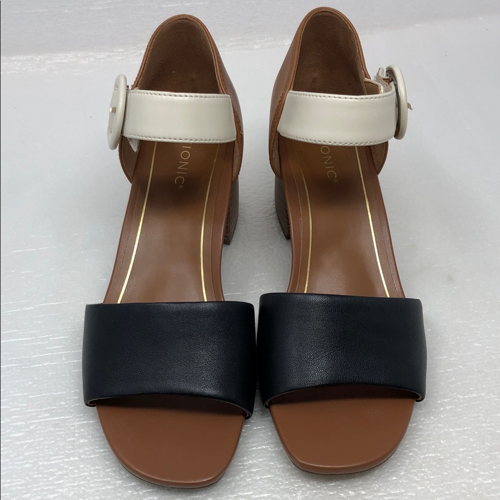 NEW Vionic Heels Chardonnay Tan Black Cream Leather Block Heel Adjustable Strap - Picture 7 of 13
